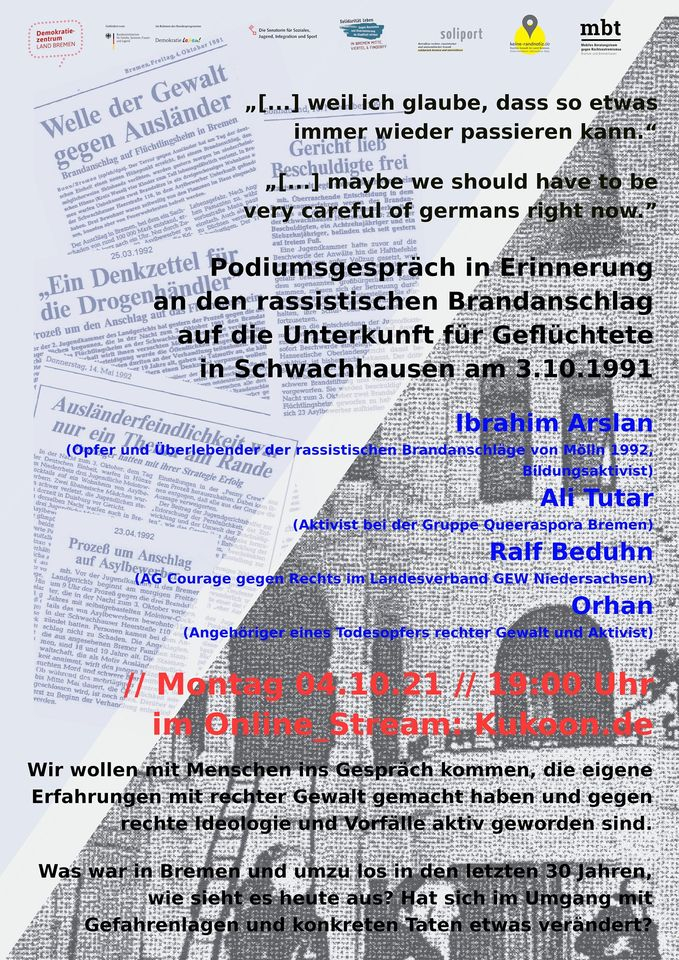 Veranstaltung: Onlineveranstaltung: Podiumsgespräch: Zum rassistischen Brandanschlag auf die Geflüchtetenunterkunft in Schwachhausen Onlineveranstaltung: Podiumsgespräch: Zum rassistischen Brandanschlag auf die Geflüchtetenunterkunft in Schwachhausen
